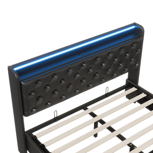 Cama suspensa 160x200 cm com armazenamento integrado, cabeceira LED, estofado PU preto, tomadas USB e de corrente, estrutura hidráulica moderna Cama suspensa 160x200 cm com armazenamento integrado, cabeceira LED, estofado PU preto, tomadas USB e de corrente, estrutura hidráulica moderna