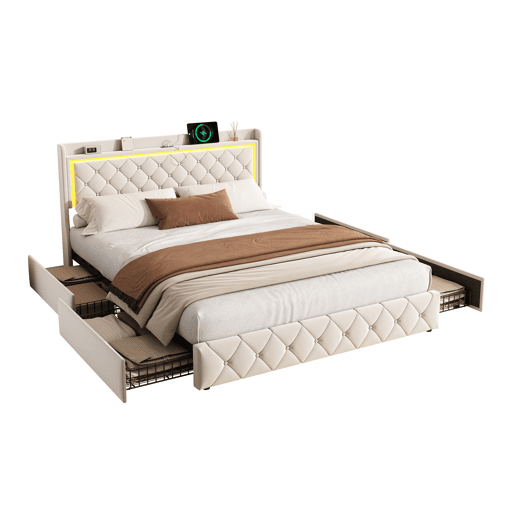 Cama 140x200 cm - veludo bege - cabeceira LED - 4 gavetas - portas USB e Type-C Cama 140x200 cm - veludo bege - cabeceira LED - 4 gavetas - portas USB e Type-C
