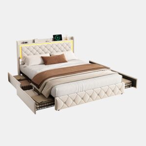 Cama 140x200 cm - veludo bege - cabeceira LED - 4 gavetas - portas USB e Type-C