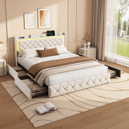 Cama 140x200 cm - veludo bege - cabeceira LED - 4 gavetas - portas USB e Type-C Cama 140x200 cm - veludo bege - cabeceira LED - 4 gavetas - portas USB e Type-C