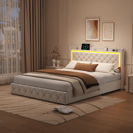 Cama 140x200 cm - veludo bege - cabeceira LED - 4 gavetas - portas USB e Type-C Cama 140x200 cm - veludo bege - cabeceira LED - 4 gavetas - portas USB e Type-C