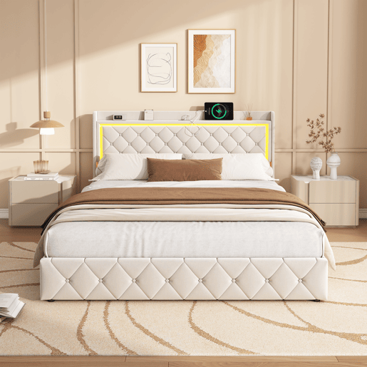 Cama 140x200 cm - veludo bege - cabeceira LED - 4 gavetas - portas USB e Type-C Cama 140x200 cm - veludo bege - cabeceira LED - 4 gavetas - portas USB e Type-C