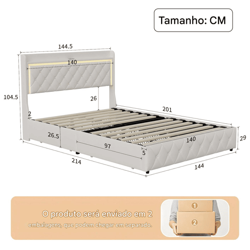 Cama 140x200 cm - veludo bege - cabeceira LED - 4 gavetas - portas USB e Type-C Cama 140x200 cm - veludo bege - cabeceira LED - 4 gavetas - portas USB e Type-C