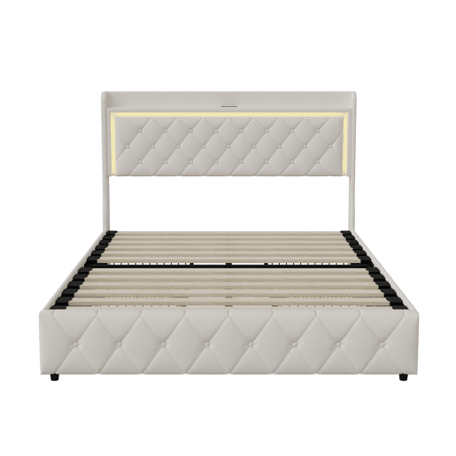 Cama 140x200 cm - veludo bege - cabeceira LED - 4 gavetas - portas USB e Type-C Cama 140x200 cm - veludo bege - cabeceira LED - 4 gavetas - portas USB e Type-C
