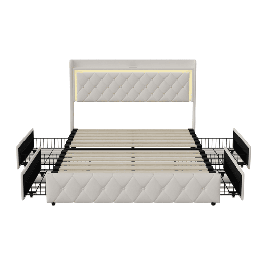 Cama 140x200 cm - veludo bege - cabeceira LED - 4 gavetas - portas USB e Type-C Cama 140x200 cm - veludo bege - cabeceira LED - 4 gavetas - portas USB e Type-C