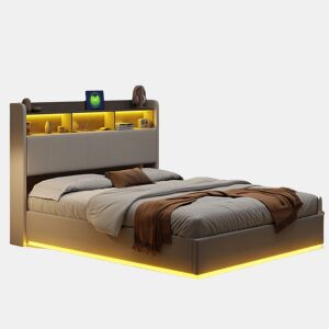 Cama de Casal 140 x 190 cm com Arrumação Hidráulica, Cabeceira com LED e USB, Estofada em Veludo Branco, Estrutura Metálica