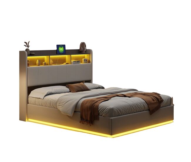 Cama de matrimonio 140x190 cm con arcón hidráulico, cabecero con led y usb, tapizada en terciopelo blanco, estructura de metal.