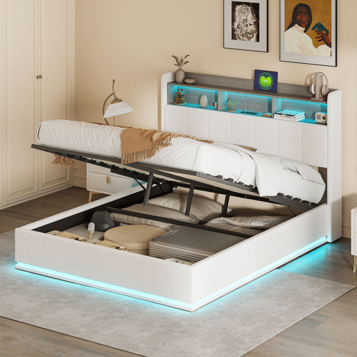 Cama de Casal 140 x 190 cm com Arrumação Hidráulica, Cabeceira com LED e USB, Estofada em Veludo Branco, Estrutura Metálica