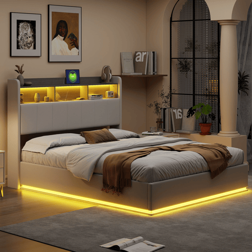 Cama de Casal 140 x 190 cm com Arrumação Hidráulica, Cabeceira com LED e USB, Estofada em Veludo Branco, Estrutura Metálica
