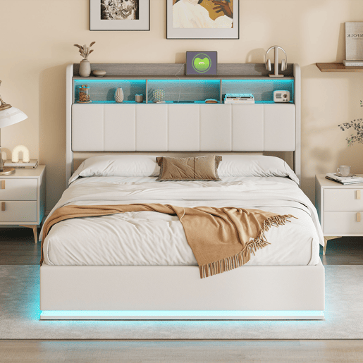 Cama de Casal 140 x 190 cm com Arrumação Hidráulica, Cabeceira com LED e USB, Estofada em Veludo Branco, Estrutura Metálica