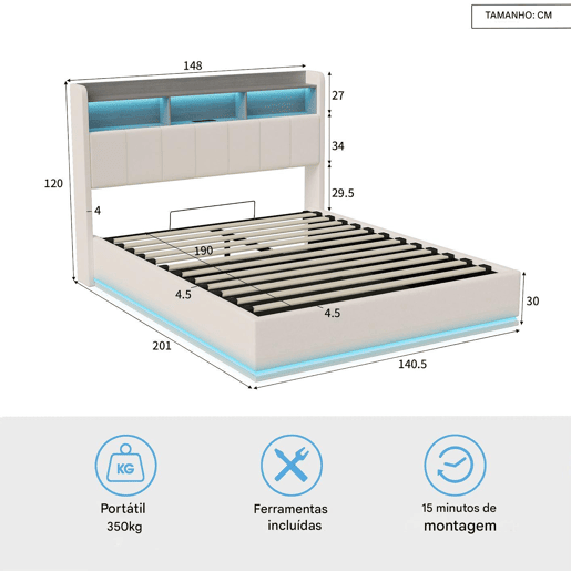 Cama de Casal 140 x 190 cm com Arrumação Hidráulica, Cabeceira com LED e USB, Estofada em Veludo Branco, Estrutura Metálica