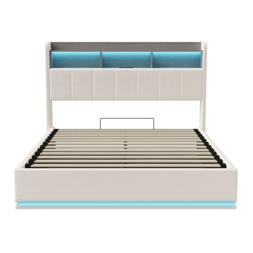 Cama de Casal 140 x 190 cm com Arrumação Hidráulica, Cabeceira com LED e USB, Estofada em Veludo Branco, Estrutura Metálica