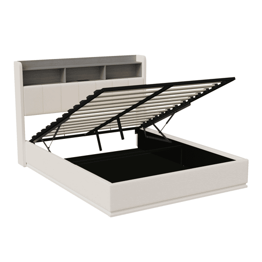 Cama de Casal 140 x 190 cm com Arrumação Hidráulica, Cabeceira com LED e USB, Estofada em Veludo Branco, Estrutura Metálica