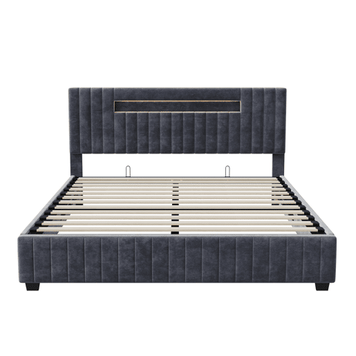 Cama com arrumação 160x200cm - Cama de casal com estrado de ripas e cabeceira LED com arrumação, em tecido veludo cinzento