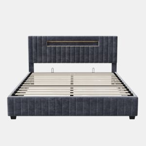 Cama com arrumação 160x200cm - Cama de casal com estrado de ripas e cabeceira LED com arrumação, em tecido veludo cinzento