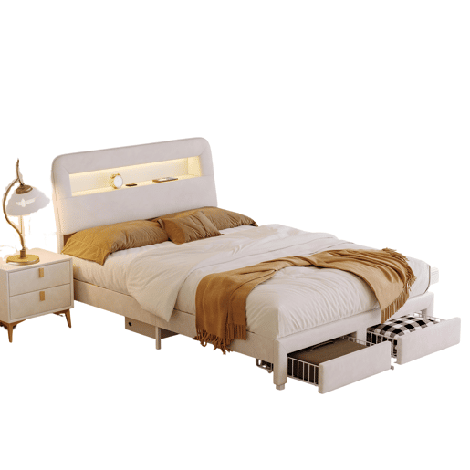 Cama multifuncional de veludo com arrumação, iluminação LED, portas USBTipo-C, cabeceira com arrumação e 2 gavetas, 160x200cm, Bege. Cama multifuncional de veludo com arrumação, iluminação LED, portas USBTipo-C, cabeceira com arrumação e 2 gavetas, 160x200cm, Bege.