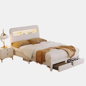Cama multifuncional de veludo com arrumação, iluminação LED, portas USBTipo-C, cabeceira com arrumação e 2 gavetas, 160x200cm, Bege.