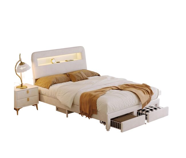 Cama multifuncional de terciopelo con almacenaje, iluminación LED, puertos USB/Tipo C, cabecero con almacenaje y 2 cajones, 160x200cm, Beige