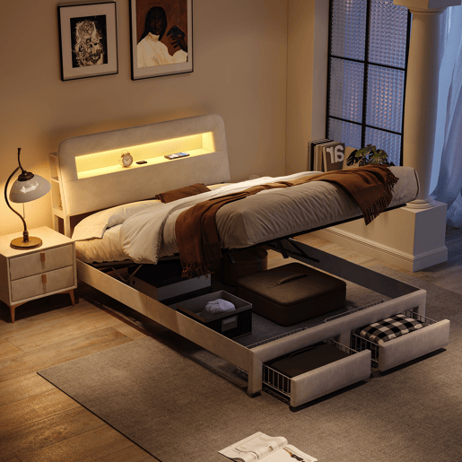 Cama multifuncional de veludo com arrumação, iluminação LED, portas USBTipo-C, cabeceira com arrumação e 2 gavetas, 160x200cm, Bege. Cama multifuncional de veludo com arrumação, iluminação LED, portas USBTipo-C, cabeceira com arrumação e 2 gavetas, 160x200cm, Bege.