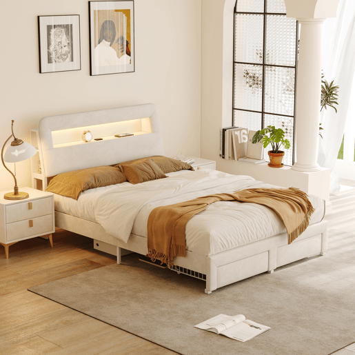 Cama multifuncional de veludo com arrumação, iluminação LED, portas USBTipo-C, cabeceira com arrumação e 2 gavetas, 160x200cm, Bege. Cama multifuncional de veludo com arrumação, iluminação LED, portas USBTipo-C, cabeceira com arrumação e 2 gavetas, 160x200cm, Bege.