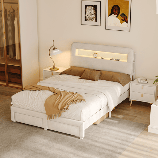 Cama multifuncional de veludo com arrumação, iluminação LED, portas USBTipo-C, cabeceira com arrumação e 2 gavetas, 160x200cm, Bege. Cama multifuncional de veludo com arrumação, iluminação LED, portas USBTipo-C, cabeceira com arrumação e 2 gavetas, 160x200cm, Bege.
