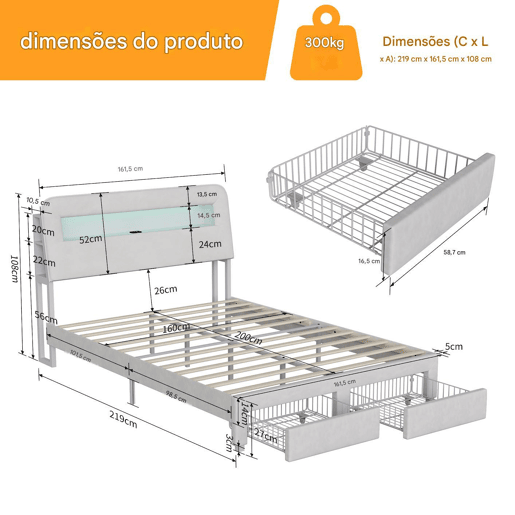 Cama multifuncional de veludo com arrumação, iluminação LED, portas USBTipo-C, cabeceira com arrumação e 2 gavetas, 160x200cm, Bege. Cama multifuncional de veludo com arrumação, iluminação LED, portas USBTipo-C, cabeceira com arrumação e 2 gavetas, 160x200cm, Bege.