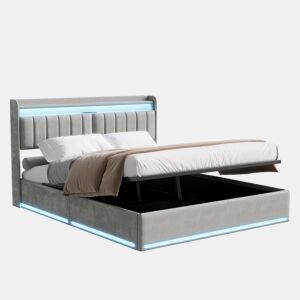 Cama estofada de 140 x 200 cm com carregamento USB, cama de casal para jovens, cama com arrumação, iluminação LED e cabeceira com arrumação, estrado de ripas hidráulico.