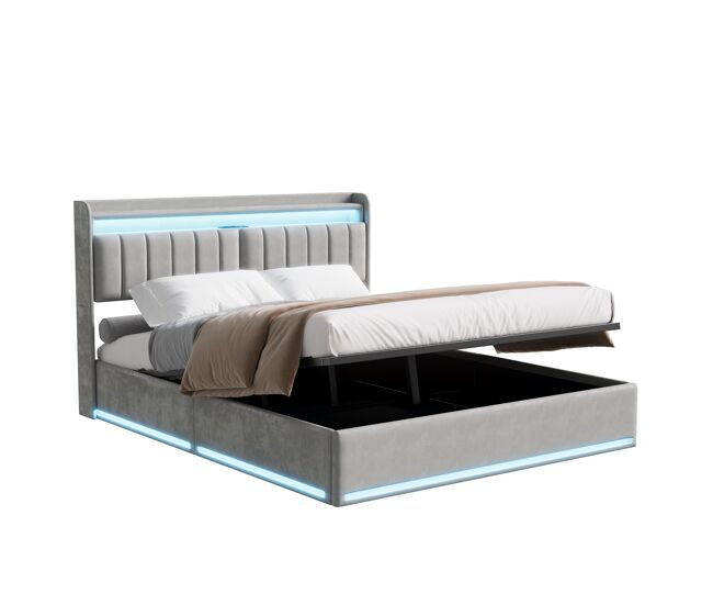 Cama tapizada de 140 x 200 cm con carga USB, cama doble para jóvenes, cama con almacenaje, LED y cabecero con almacenaje, somier hidráulico de láminas.