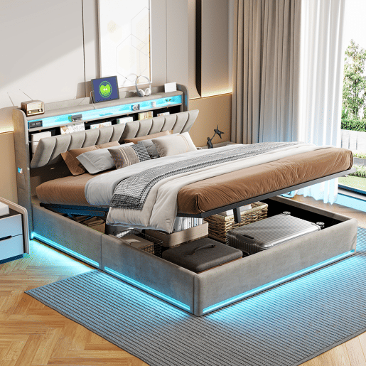 Cama estofada de 140 x 200 cm com carregamento USB, cama de casal para jovens, cama com arrumação, iluminação LED e cabeceira com arrumação, estrado de ripas hidráulico.
