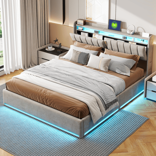 Cama estofada de 140 x 200 cm com carregamento USB, cama de casal para jovens, cama com arrumação, iluminação LED e cabeceira com arrumação, estrado de ripas hidráulico.
