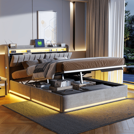 Cama estofada de 140 x 200 cm com carregamento USB, cama de casal para jovens, cama com arrumação, iluminação LED e cabeceira com arrumação, estrado de ripas hidráulico.
