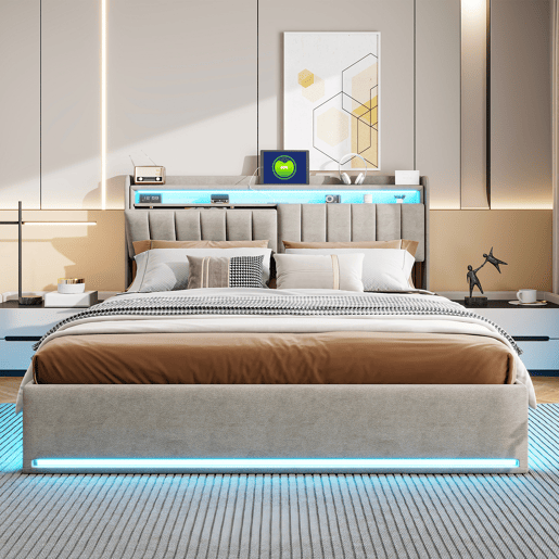 Cama estofada de 140 x 200 cm com carregamento USB, cama de casal para jovens, cama com arrumação, iluminação LED e cabeceira com arrumação, estrado de ripas hidráulico.