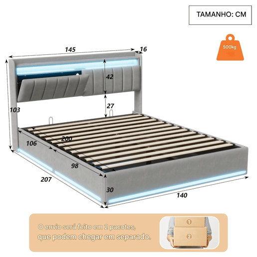 Cama estofada de 140 x 200 cm com carregamento USB, cama de casal para jovens, cama com arrumação, iluminação LED e cabeceira com arrumação, estrado de ripas hidráulico.
