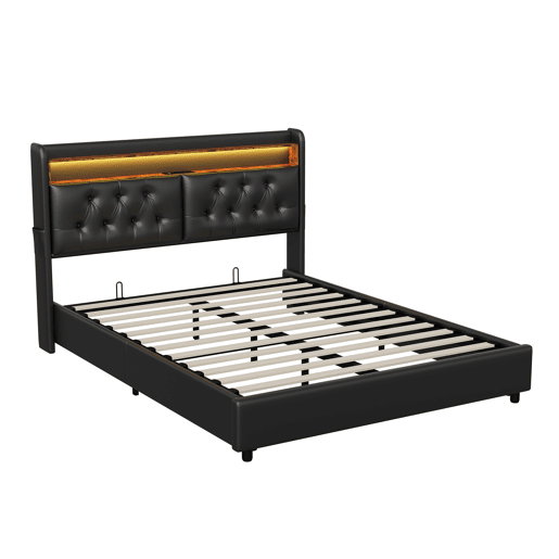 Cama de arrumação 180x200cm - cama de casal com estrado de ripas e cabeceira LED com prateleiras e porta de carga - pele preta Cama de arrumação 180x200cm - cama de casal com estrado de ripas e cabeceira LED com prateleiras e porta de carga - pele preta