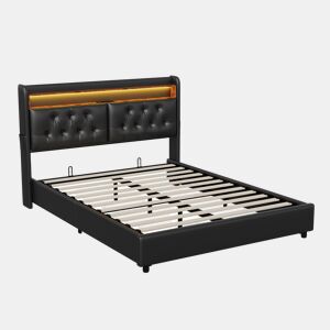 Cama de arrumação 180x200cm - cama de casal com estrado de ripas e cabeceira LED com prateleiras e porta de carga - pele preta