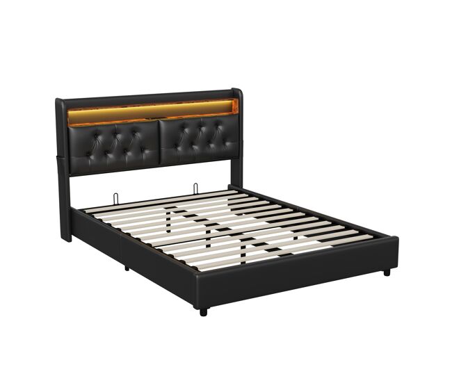 Cama con canapé 180x200cm - cama doble con somier de láminas y cabecero LED con estantes y puerto de carga - cuero negro