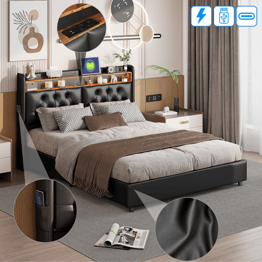 Cama de arrumação 180x200cm - cama de casal com estrado de ripas e cabeceira LED com prateleiras e porta de carga - pele preta Cama de arrumação 180x200cm - cama de casal com estrado de ripas e cabeceira LED com prateleiras e porta de carga - pele preta
