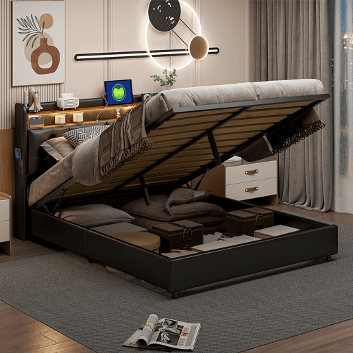 Cama de arrumação 180x200cm - cama de casal com estrado de ripas e cabeceira LED com prateleiras e porta de carga - pele preta Cama de arrumação 180x200cm - cama de casal com estrado de ripas e cabeceira LED com prateleiras e porta de carga - pele preta
