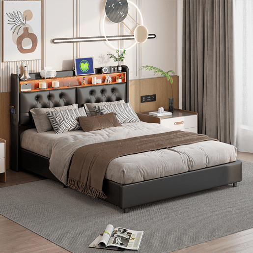 Cama de arrumação 180x200cm - cama de casal com estrado de ripas e cabeceira LED com prateleiras e porta de carga - pele preta Cama de arrumação 180x200cm - cama de casal com estrado de ripas e cabeceira LED com prateleiras e porta de carga - pele preta