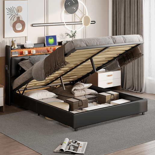 Cama de arrumação 180x200cm - cama de casal com estrado de ripas e cabeceira LED com prateleiras e porta de carga - pele preta Cama de arrumação 180x200cm - cama de casal com estrado de ripas e cabeceira LED com prateleiras e porta de carga - pele preta
