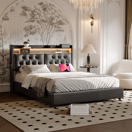 Cama de arrumação 180x200cm - cama de casal com estrado de ripas e cabeceira LED com prateleiras e porta de carga - pele preta Cama de arrumação 180x200cm - cama de casal com estrado de ripas e cabeceira LED com prateleiras e porta de carga - pele preta