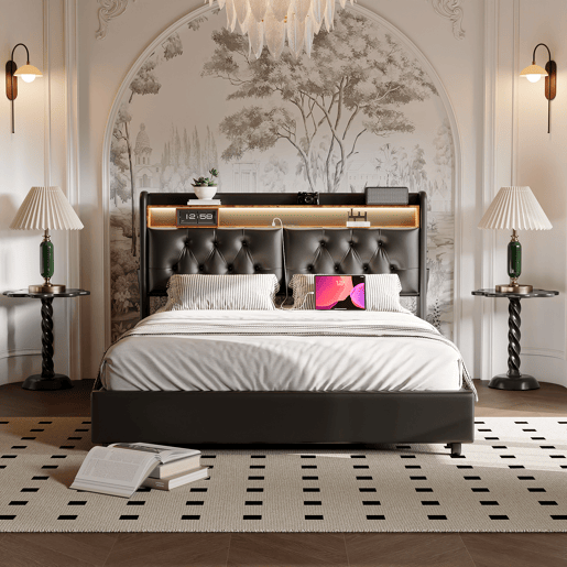 Cama de arrumação 180x200cm - cama de casal com estrado de ripas e cabeceira LED com prateleiras e porta de carga - pele preta Cama de arrumação 180x200cm - cama de casal com estrado de ripas e cabeceira LED com prateleiras e porta de carga - pele preta