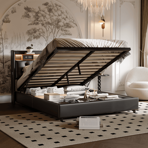 Cama de arrumação 180x200cm - cama de casal com estrado de ripas e cabeceira LED com prateleiras e porta de carga - pele preta Cama de arrumação 180x200cm - cama de casal com estrado de ripas e cabeceira LED com prateleiras e porta de carga - pele preta