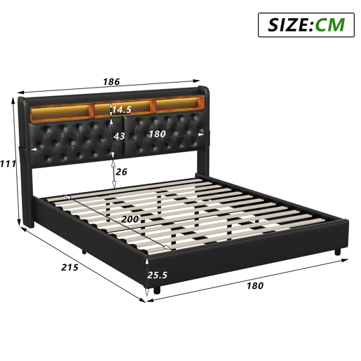 Cama de arrumação 180x200cm - cama de casal com estrado de ripas e cabeceira LED com prateleiras e porta de carga - pele preta Cama de arrumação 180x200cm - cama de casal com estrado de ripas e cabeceira LED com prateleiras e porta de carga - pele preta