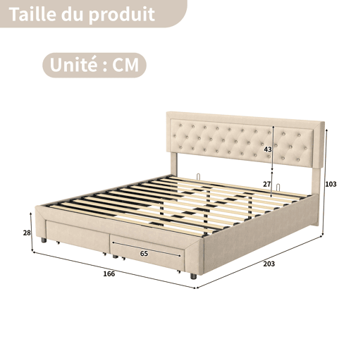 Cama estofada em veludo bege com 160x200cm, cama de casal com gaveta, função hidráulica, estrutura de ripas, estrutura em madeira maciça como cama de arrumação