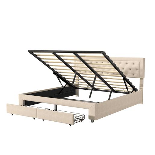 Cama estofada em veludo bege com 160x200cm, cama de casal com gaveta, função hidráulica, estrutura de ripas, estrutura em madeira maciça como cama de arrumação