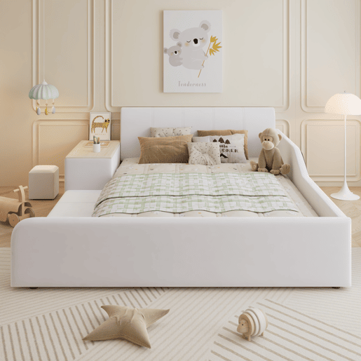Cama infantil estofada 140x200 - Com secretária, banco e cabeceira macia - Branca