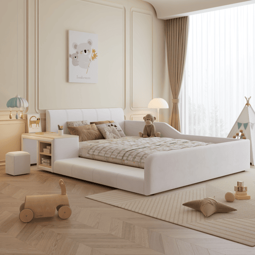 Cama infantil estofada 140x200 - Com secretária, banco e cabeceira macia - Branca