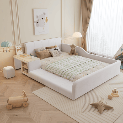 Cama infantil estofada 140x200 - Com secretária, banco e cabeceira macia - Branca