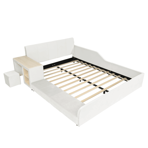 Cama infantil estofada 140x200 - Com secretária, banco e cabeceira macia - Branca